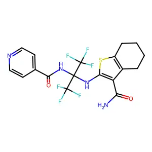 N-[2-[(3-carbamoyl-4,5,6,7-tetrahydro-1-benzothiophen-2-yl)amino]-1,1,1,3,3,3-hexafluoropropan-2-yl]pyridine-4-carboxamide structure