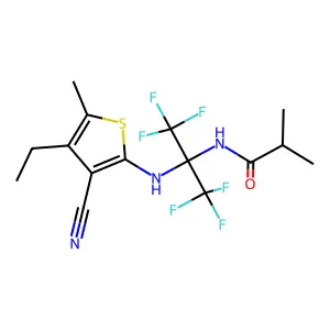 N-[2-[(3-cyano-4-ethyl-5-methylthiophen-2-yl)amino]-1,1,1,3,3,3-hexafluoropropan-2-yl]-2-methylpropanamide structure