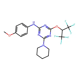 4-(1,1,1,3,3,3-hexafluoropropan-2-yloxy)-N-(4-methoxyphenyl)-6-piperidin-1-yl-1,3,5-triazin-2-amine structure
