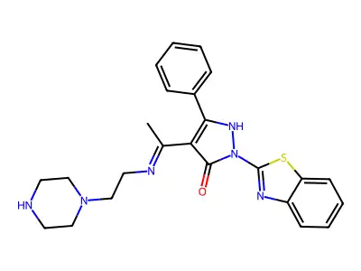 (E)-1-(benzo[d]thiazol-2-yl)-3-phenyl-4-(1-((2-(piperazin-1-yl)ethyl)amino)ethylidene)-1H-pyrazol-5(4H)-one structure