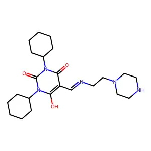 1,3-dicyclohexyl-5-({[2-(piperazin-1-yl)ethyl]amino}methylidene)pyrimidine-2,4,6(1H,3H,5H)-trione structure