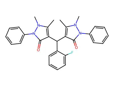 4,4'-((2-fluorophenyl)methylene)bis(1,5-dimethyl-2-phenyl-1H-pyrazol-3(2H)-one) structure