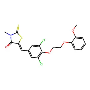 (5E)-5-[[3,5-dichloro-4-[2-(2-methoxyphenoxy)ethoxy]phenyl]methylidene]-3-methyl-2-sulfanylidene-1,3-thiazolidin-4-one structure