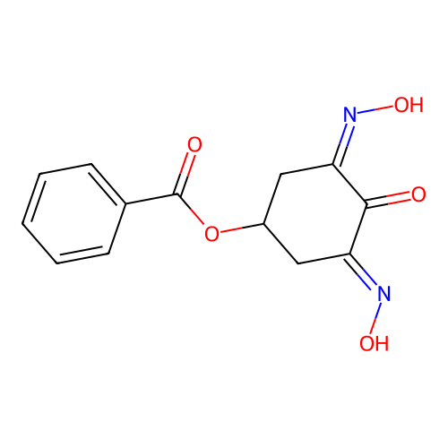 (3Z,5E)-3,5-bis(hydroxyimino)-4-oxocyclohexyl benzoate structure