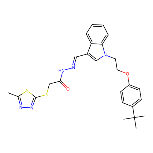 (E)-N'-((1-(2-(4-(tert-butyl)phenoxy)ethyl)-1H-indol-3-yl)methylene)-2-((5-methyl-1,3,4-thiadiazol-2-yl)thio)acetohydrazide structure