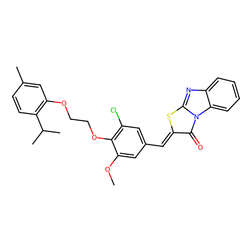 (Z)-2-(3-chloro-4-(2-(2-isopropyl-5-methylphenoxy)ethoxy)-5-methoxybenzylidene)benzo[4,5]imidazo[2,1-b]thiazol-3(2H)-one structure
