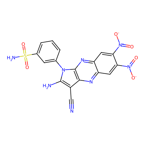 3-(2-amino-3-cyano-6,7-dinitro-1H-pyrrolo[2,3-b]quinoxalin-1-yl)benzenesulfonamide structure
