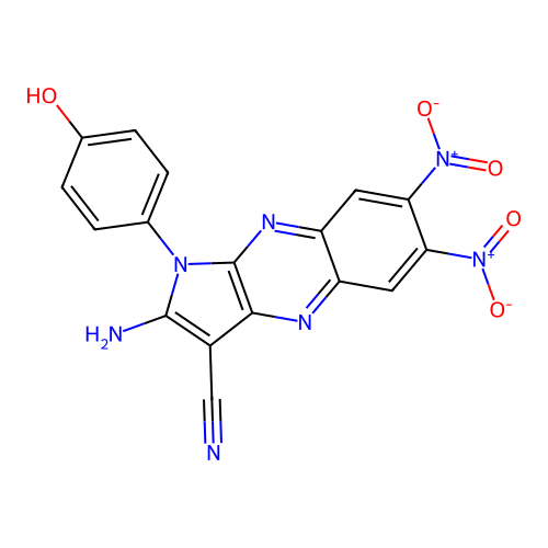2-amino-1-(4-hydroxyphenyl)-6,7-dinitro-1H-pyrrolo[2,3-b]quinoxaline-3-carbonitrile structure