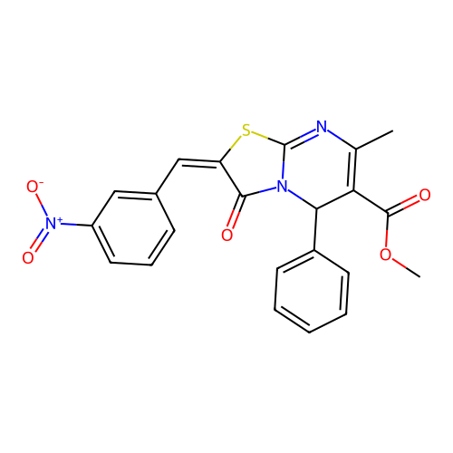 methyl (2E)-7-methyl-2-(3-nitrobenzylidene)-3-oxo-5-phenyl-2,3-dihydro-5H-[1,3]thiazolo[3,2-a]pyrimidine-6-carboxylate structure