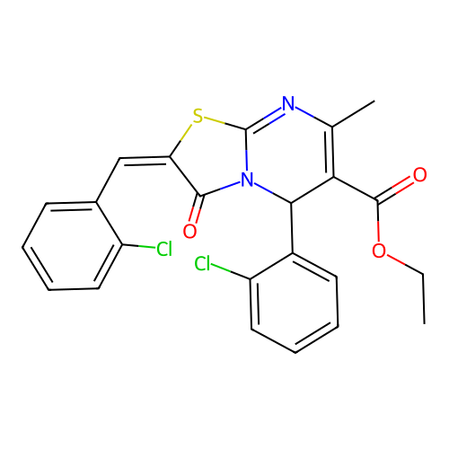 ethyl (2E)-2-(2-chlorobenzylidene)-5-(2-chlorophenyl)-7-methyl-3-oxo-2,3-dihydro-5H-[1,3]thiazolo[3,2-a]pyrimidine-6-carboxylate structure