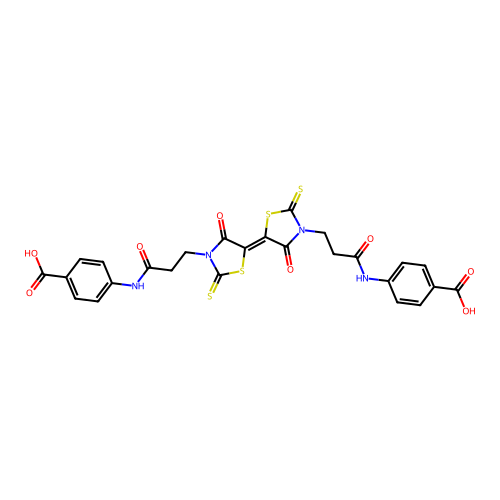 4,4'-{(4,4'-dioxo-2,2'-dithioxo-5,5'-bi-1,3-thiazolidine-3,3'-diyl)bis[(1-oxo-3,1-propanediyl)imino]}dibenzoic acid structure