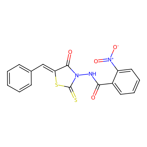 2-NITRO-N-[(5Z)-4-OXO-5-(PHENYLMETHYLIDENE)-2-SULFANYLIDENE-1,3-THIAZOLIDIN-3-YL]BENZAMIDE structure