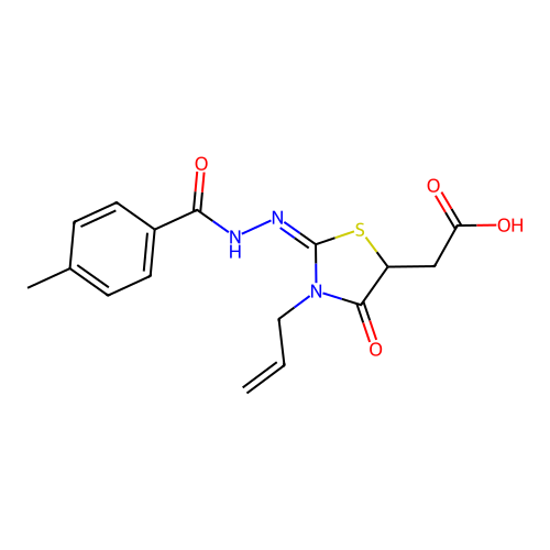 (E)-2-(3-allyl-2-(2-(4-methylbenzoyl)hydrazono)-4-oxothiazolidin-5-yl)acetic acid structure