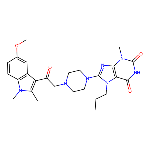 8-{4-[2-(5-methoxy-1,2-dimethyl-1H-indol-3-yl)-2-oxoethyl]piperazin-1-yl}-3-methyl-7-propyl-3,7-dihydro-1H-purine-2,6-dione structure
