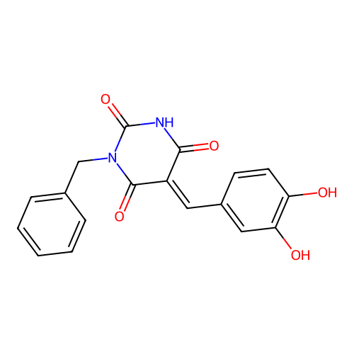 (E)-1-benzyl-5-(3,4-dihydroxybenzylidene)pyrimidine-2,4,6(1H,3H,5H)-trione structure