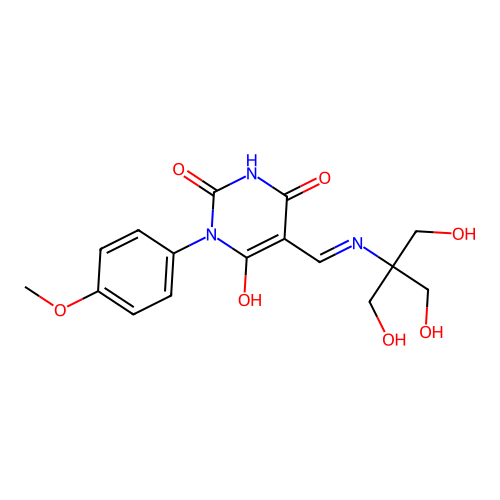 (5Z)-5-({[1,3-dihydroxy-2-(hydroxymethyl)propan-2-yl]amino}methylidene)-6-hydroxy-3-(4-methoxyphenyl)pyrimidine-2,4(3H,5H)-dione structure