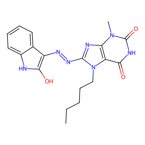 (E)-3-methyl-8-(2-(2-oxoindolin-3-ylidene)hydrazinyl)-7-pentyl-1H-purine-2,6(3H,7H)-dione structure