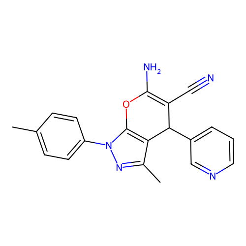 6-amino-3-methyl-1-(4-methylphenyl)-4-(pyridin-3-yl)-1,4-dihydropyrano[2,3-c]pyrazole-5-carbonitrile structure