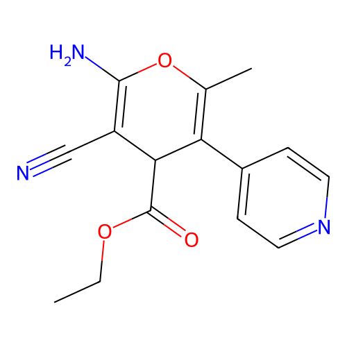 ethyl 2-amino-3-cyano-6-methyl-5-(pyridin-4-yl)-4H-pyran-4-carboxylate structure