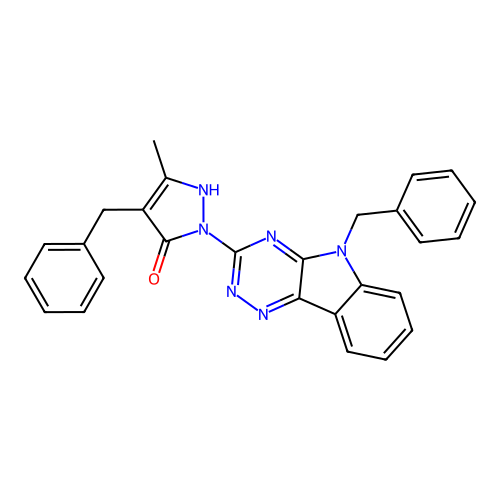 4-benzyl-1-(5-benzyl-5H-[1,2,4]triazino[5,6-b]indol-3-yl)-3-methyl-1H-pyrazol-5-ol structure