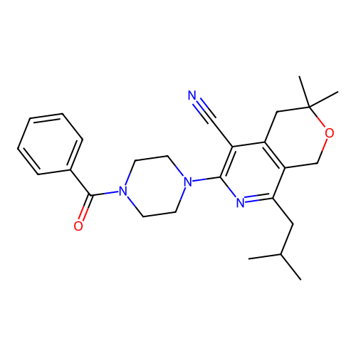3,3-dimethyl-8-(2-methylpropyl)-6-[4-(phenylcarbonyl)piperazin-1-yl]-3,4-dihydro-1H-pyrano[3,4-c]pyridine-5-carbonitrile structure