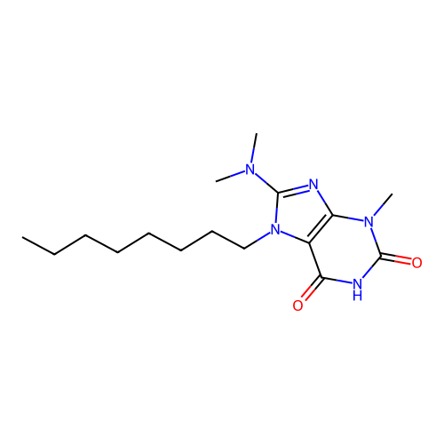 8-(dimethylamino)-3-methyl-7-octyl-3,7-dihydro-1H-purine-2,6-dione structure