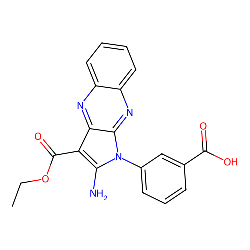 3-(2-amino-3-(ethoxycarbonyl)-1H-pyrrolo[2,3-b]quinoxalin-1-yl)benzoic acid structure