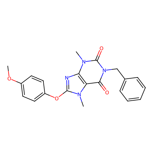 1-benzyl-8-(4-methoxyphenoxy)-3,7-dimethyl-3,7-dihydro-1H-purine-2,6-dione structure
