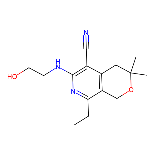 8-ethyl-6-((2-hydroxyethyl)amino)-3,3-dimethyl-3,4-dihydro-1H-pyrano[3,4-c]pyridine-5-carbonitrile structure