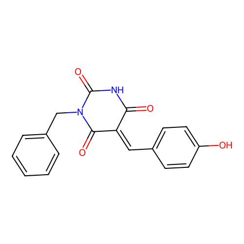 (5E)-1-benzyl-5-(4-hydroxybenzylidene)pyrimidine-2,4,6(1H,3H,5H)-trione structure