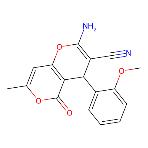2-amino-4-(2-methoxyphenyl)-7-methyl-5-oxo-4H,5H-pyrano[4,3-b]pyran-3-carbonitrile structure