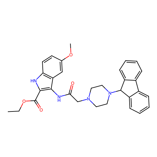 Ethyl 3-[[2-[4-(9H-fluoren-9-yl)piperazin-1-yl]acetyl]amino]-5-methoxy-1H-indole-2-carboxylate structure