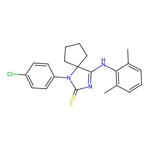 (Z)-1-(4-chlorophenyl)-4-((2,6-dimethylphenyl)imino)-1,3-diazaspiro[4.4]nonane-2-thione structure