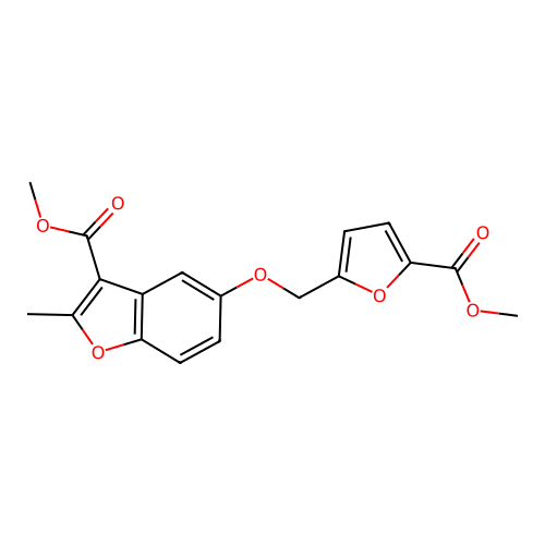 methyl 5-((5-(methoxycarbonyl)furan-2-yl)methoxy)-2-methylbenzofuran-3-carboxylate structure