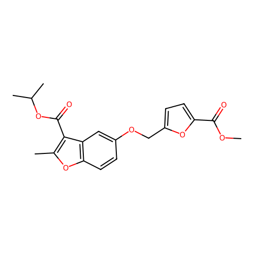 isopropyl 5-((5-(methoxycarbonyl)furan-2-yl)methoxy)-2-methylbenzofuran-3-carboxylate structure