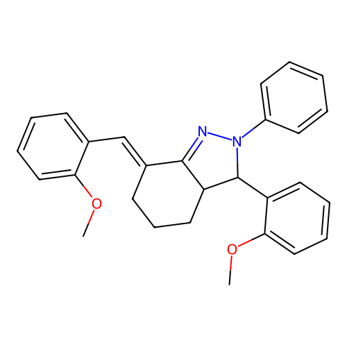 (7E)-7-(2-methoxybenzylidene)-3-(2-methoxyphenyl)-2-phenyl-3,3a,4,5,6,7-hexahydro-2H-indazole structure