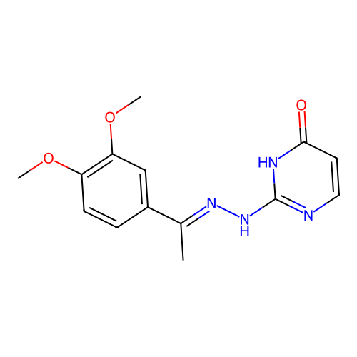2-{(2E)-2-[1-(3,4-dimethoxyphenyl)ethylidene]hydrazinyl}pyrimidin-4(3H)-one structure