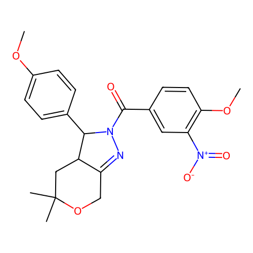 (4-methoxy-3-nitrophenyl)(3-(4-methoxyphenyl)-5,5-dimethyl-3,3a,4,5-tetrahydropyrano[3,4-c]pyrazol-2(7H)-yl)methanone structure