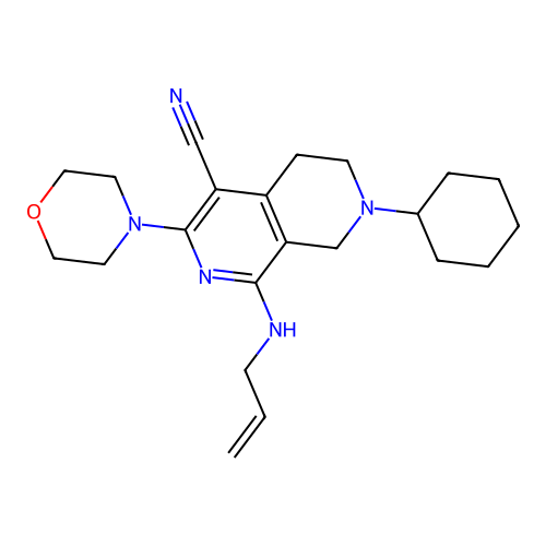 7-cyclohexyl-3-morpholin-4-yl-1-(prop-2-enylamino)-6,8-dihydro-5H-2,7-naphthyridine-4-carbonitrile structure