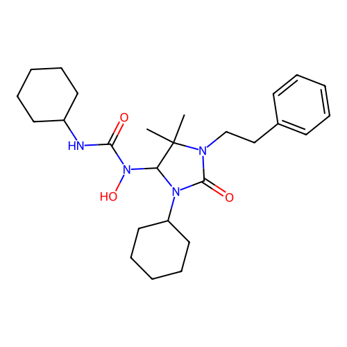 3-cyclohexyl-1-(3-cyclohexyl-5,5-dimethyl-2-oxo-1-phenethylimidazolidin-4-yl)-1-hydroxyurea structure