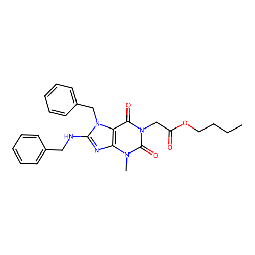 butyl 2-(7-benzyl-8-(benzylamino)-3-methyl-2,6-dioxo-2,3,6,7-tetrahydro-1H-purin-1-yl)acetate structure