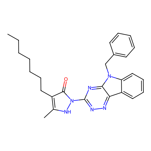 1-(5-benzyl-5H-[1,2,4]triazino[5,6-b]indol-3-yl)-4-heptyl-3-methyl-1H-pyrazol-5-ol structure