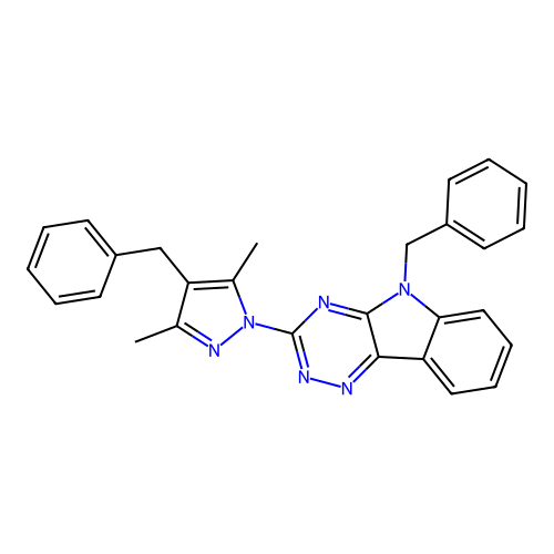 5-benzyl-3-(4-benzyl-3,5-dimethyl-1H-pyrazol-1-yl)-5H-[1,2,4]triazino[5,6-b]indole structure