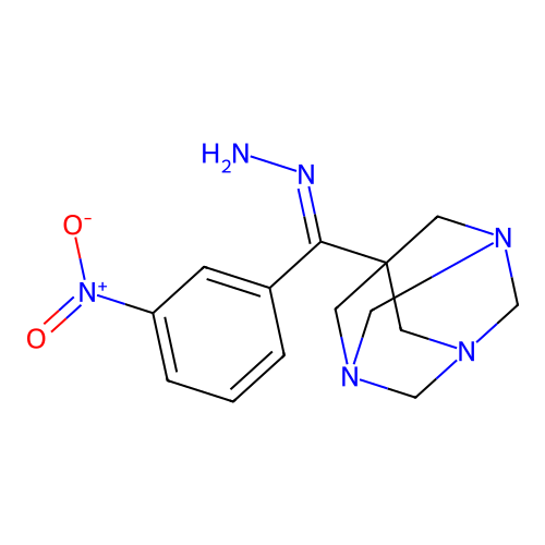 (1s,3s,5s)-7-((E)-hydrazono(3-nitrophenyl)methyl)-1,3,5-triazaadamantane structure