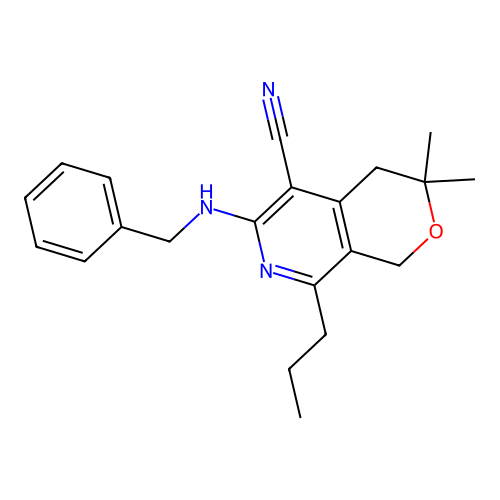 6-(benzylamino)-3,3-dimethyl-8-propyl-3,4-dihydro-1H-pyrano[3,4-c]pyridine-5-carbonitrile structure