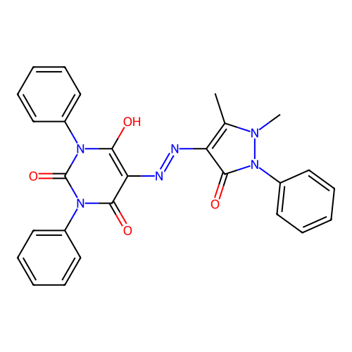 5-(2-(1,5-dimethyl-3-oxo-2-phenyl-2,3-dihydro-1H-pyrazol-4-yl)hydrazono)-1,3-diphenylpyrimidine-2,4,6(1H,3H,5H)-trione structure
