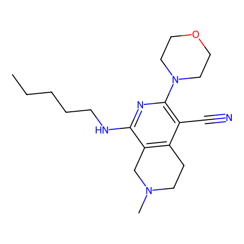 7-methyl-3-morpholin-4-yl-1-(pentylamino)-6,8-dihydro-5H-2,7-naphthyridine-4-carbonitrile structure