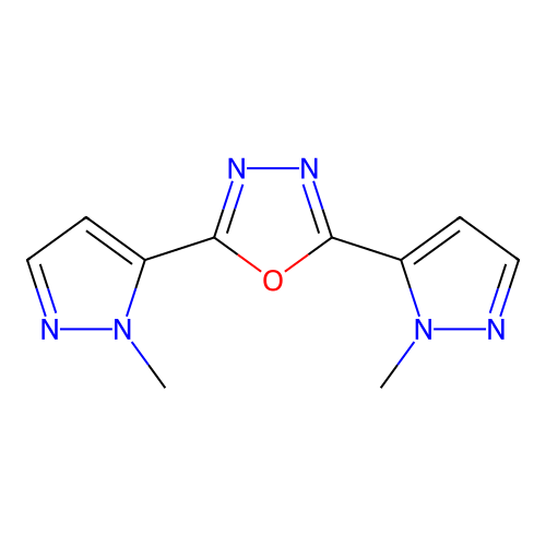 2,5-Bis(2-methylpyrazol-3-yl)-1,3,4-oxadiazole structure