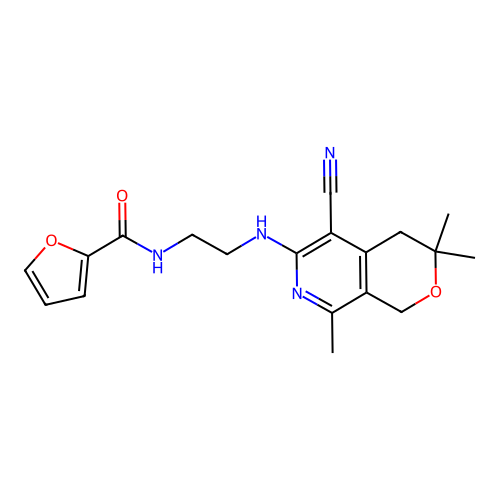 N-(2-((5-cyano-3,3,8-trimethyl-3,4-dihydro-1H-pyrano[3,4-c]pyridin-6-yl)amino)ethyl)furan-2-carboxamide structure