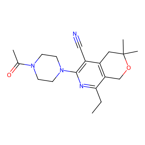 6-(4-acetylpiperazin-1-yl)-8-ethyl-3,3-dimethyl-3,4-dihydro-1H-pyrano[3,4-c]pyridine-5-carbonitrile structure